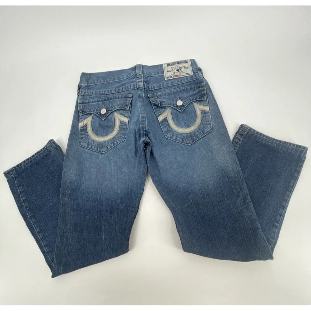 True Religion Denim Straight Jeans Mens 31x31 Blue Medium Wash Flap Pockets Y2K